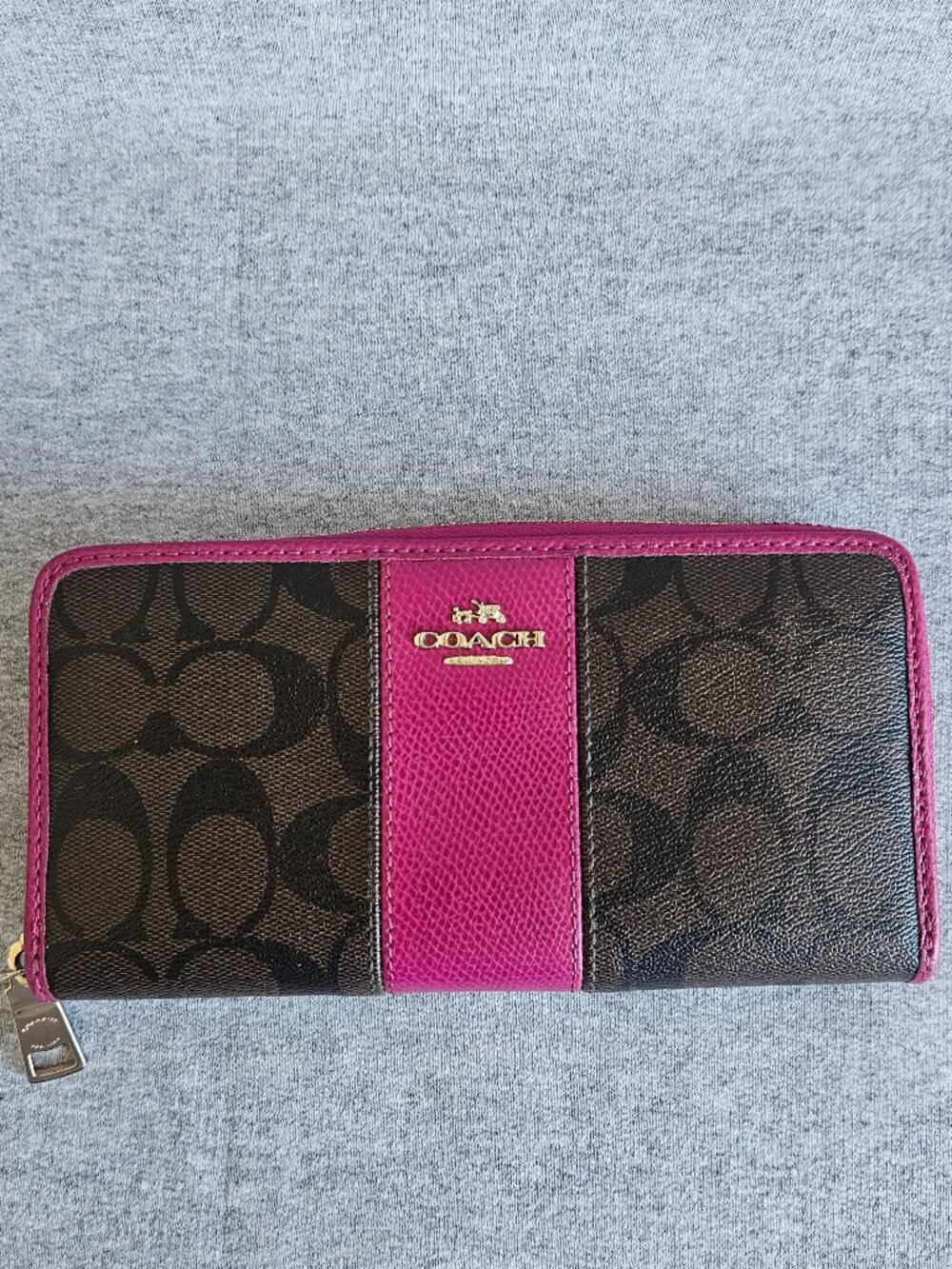 Coach Signature Accordion Zip Wallet in Brown and Fuchsia Gold Hardwear